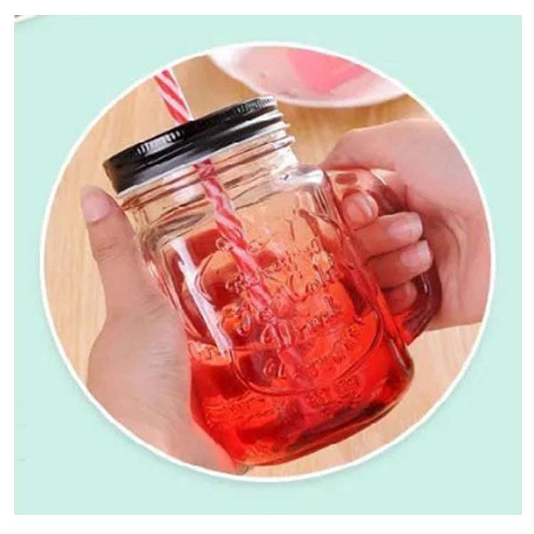4個セット ドリンクボトル ガラス 500ml スクエア 蓋付き ストロー付き