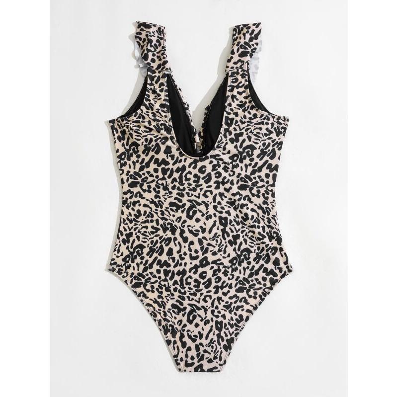 レディース 水着 ワンピース ヒョウ柄 フリルトリム ワンピース水着 贅沢屋の