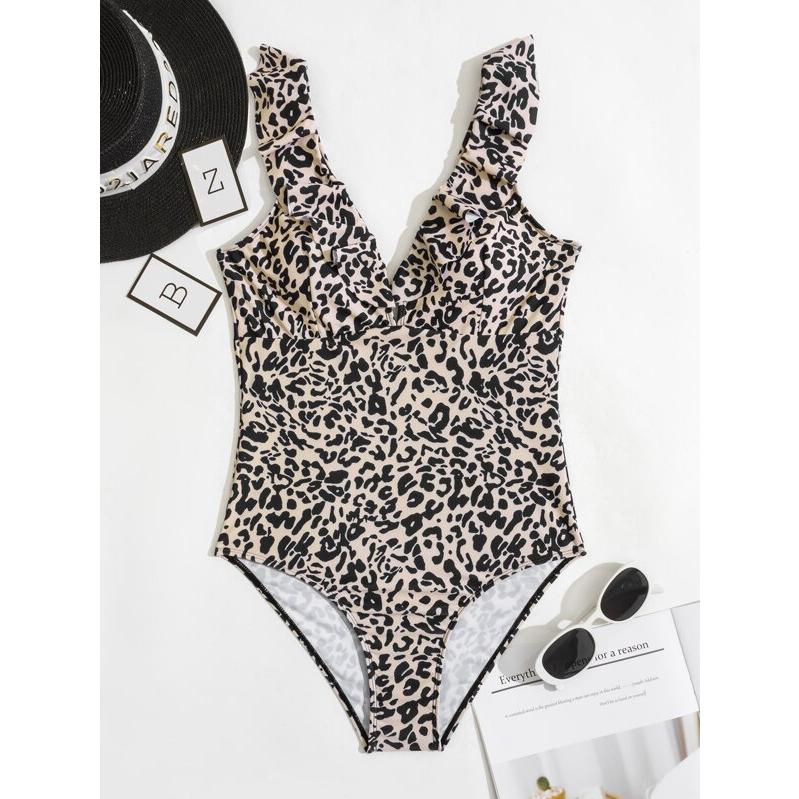 レディース 水着 ワンピース ヒョウ柄 フリルトリム ワンピース水着 贅沢屋の