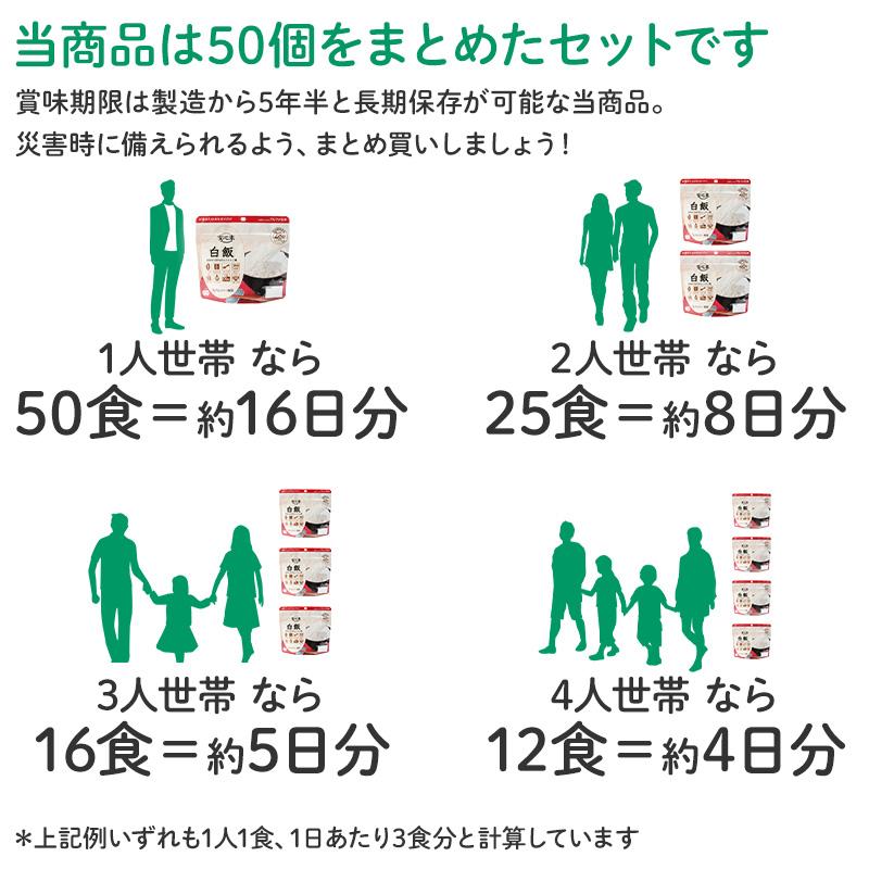 非常食 50食セット 安心米 野菜ピラフ 50食入 アルファ米 5年 100%国産米 アレルギー対応 登山 キャンプ 常備 備蓄 保存食 災害食 アルファー食品｜ec-tokoplus｜02