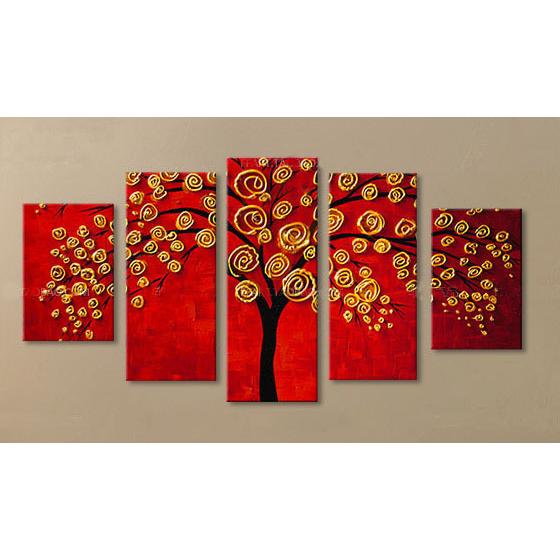 アートパネル　『樹木、金と赤』　30x50cm x 2枚他、計５枚　手描き　インテリア｜ec71276