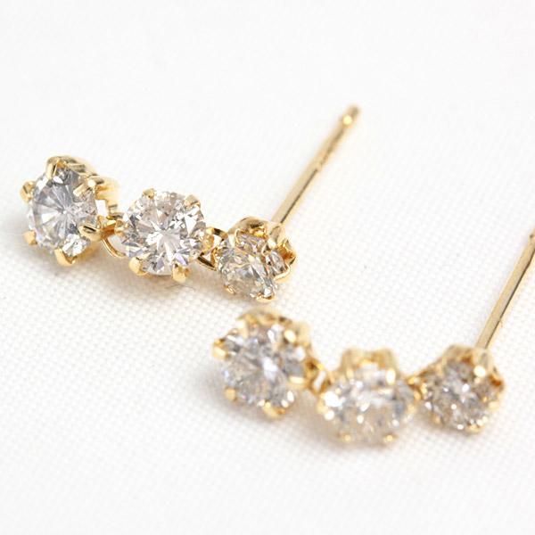ダイヤモンド ピアス スリーストーン シャンパンブラウン レディース プラチナ 18金 18k K18 ゴールド 1.0ct ダイヤピアスの画像