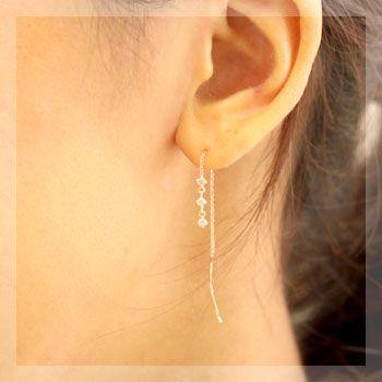 ピアス レディース ダイヤモンド 揺れる 18金 18k K18 k14 ゴールド アメリカンチェーン 3ストーン 0.2カラットの画像