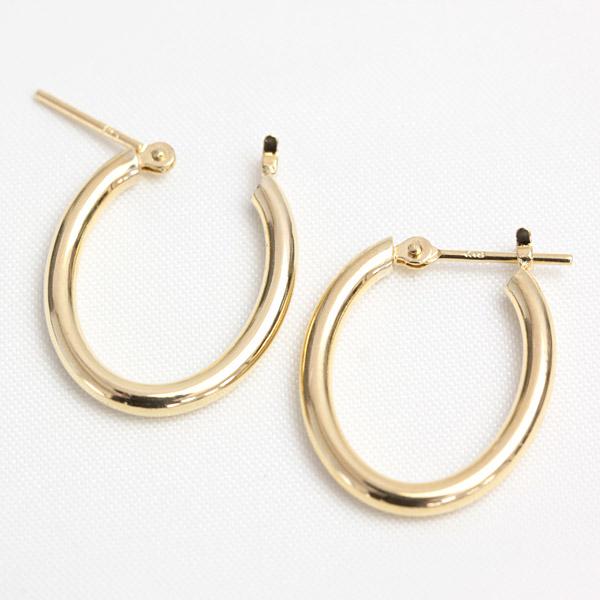 フープピアス 18k K18 18金 YG イエローゴールド オーバル 楕円 レディース 可愛い 2.0mm×14.8mm ピアス 輪っか 石なし 地金 日本製 1ペア 両耳用の画像