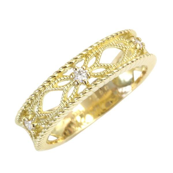 リング レディース 指輪 ダイヤモンド ダイヤ 18金 18k K18 ゴールド ピンキーリング ミル打ち SIクラス 0.06ct カラット 文字入れ不可の画像
