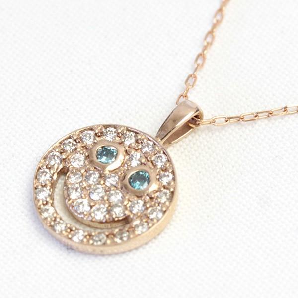 18K スマイル パヴェ ダイヤモンド ネックレス ニコちゃん ブルーダイヤ 0.15ct 0.03ct ペンダント レディース 18金 K18 プレゼント リバーシブル 送料無料の画像