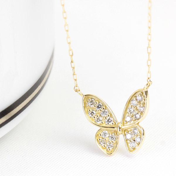 ダイヤモンド ネックレス レディース K18 18k 18金 一粒 0.1ct 蝶 バタフライ 20石 イエローゴールド プラチナの画像