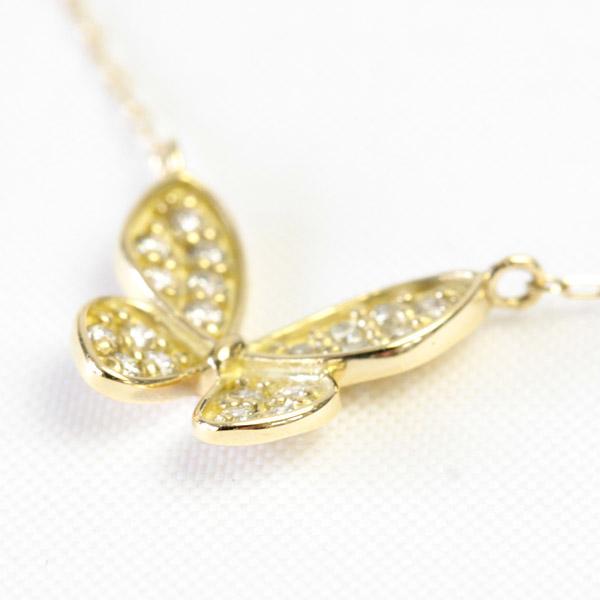 ダイヤモンド ネックレス レディース K18 18k 18金 一粒 0.1ct 蝶 バタフライ 20石 イエローゴールド プラチナの画像
