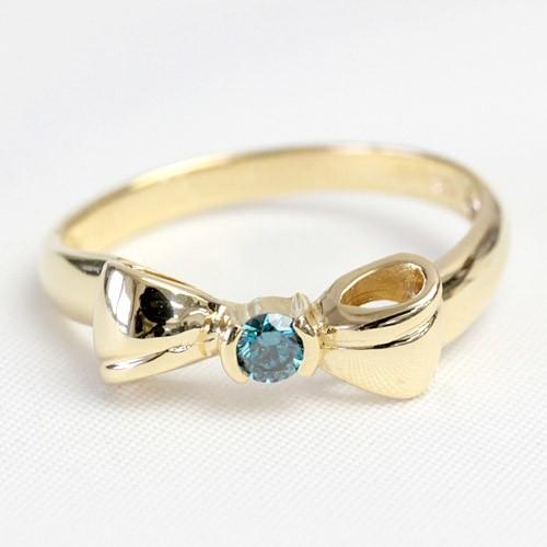 リング レディース 指輪 18金 18k K18 ゴールド ダイヤモンド ブルーダイヤ かわいい リボン 文字入れ不可の画像