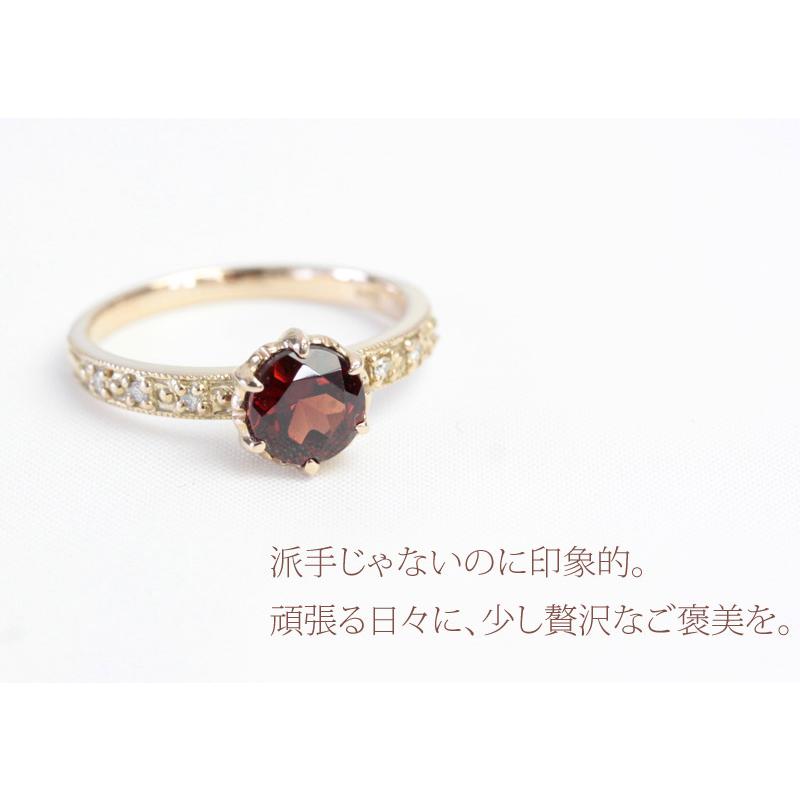 ガーネット リング レディース 指輪 18金 18k K18 ゴールド ダイヤモンド ミル打ち エレガンス 【1点限り】の画像
