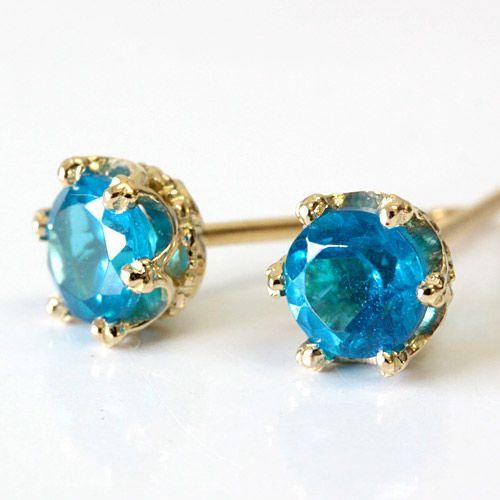 ピアス ネオンブルーアパタイト クラウンデザイン 4.0mm K18