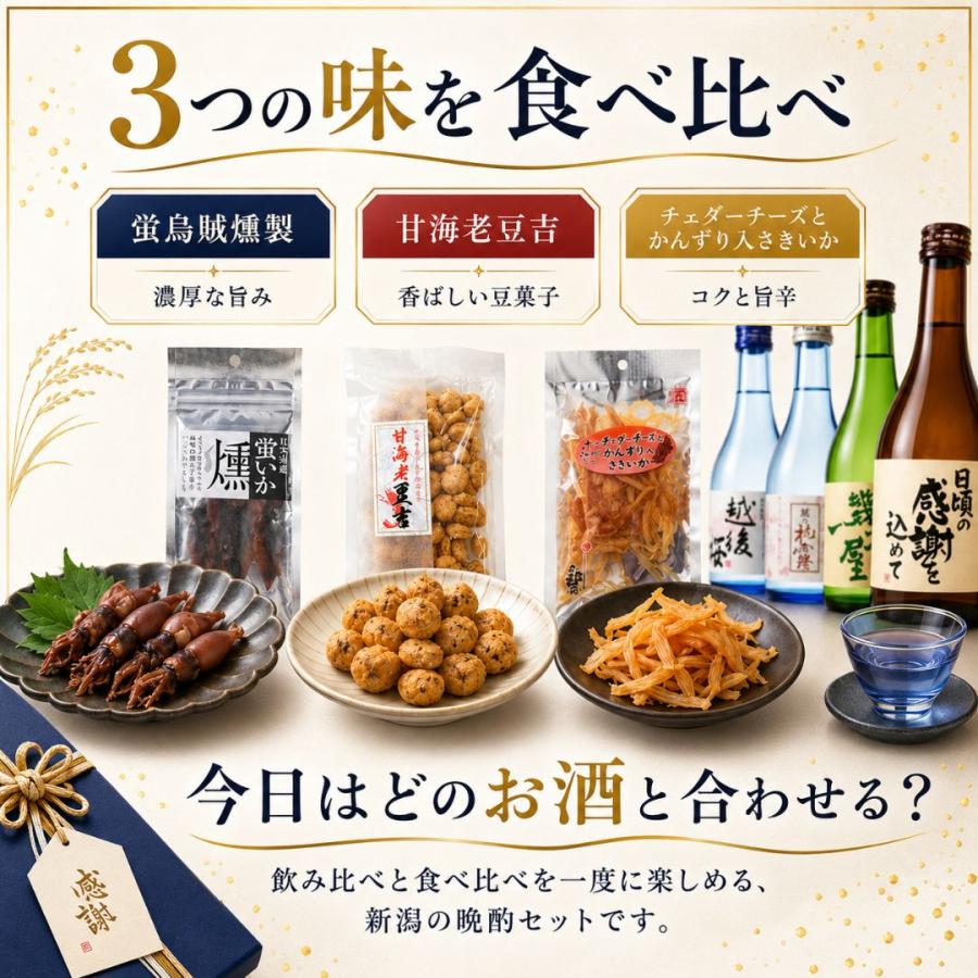 新潟 日本酒 飲み比べ 300ml 5本＋新潟県長岡産おつまみ3選 晩酌セット 蛍烏賊燻製 甘海老豆吉 かんずり入さきいか ギフト プレゼント | ブランド登録なし | 08