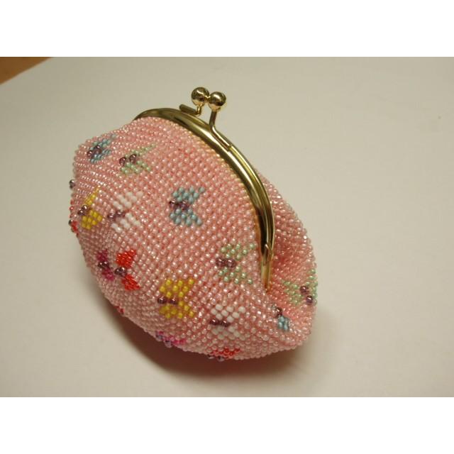 [TA001]【メール便不可】ビーズ編み【完成品】がま口 丸サイフ/ピンク蝶[RPT]の画像