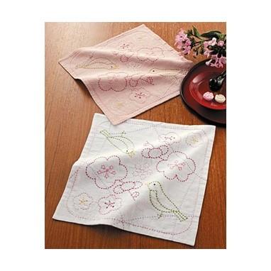 [VD001]オリムパス 刺し子キット 249（白・渋ピンク） 花ふきん梅とうぐいす[RPT] | 