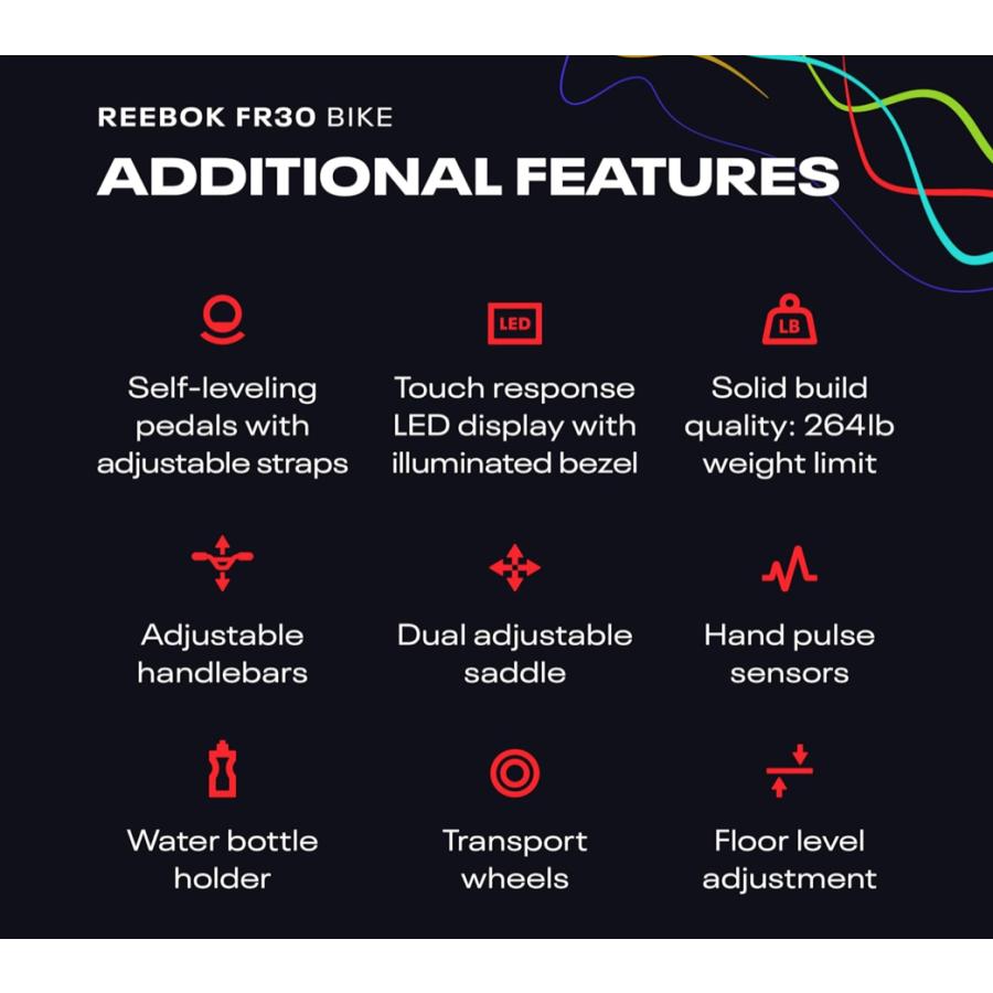574)Reebok(リーボック) フィットネスバイク FR30 マグネット負荷方式 32レベル調整可能 タッチスクリーンLEDディスプレイ ZWIFT & Kinomap対応 RVFR-10500BK リーボック【Reebok】フィットネスバイク FR30 マグネット負荷方式 32
