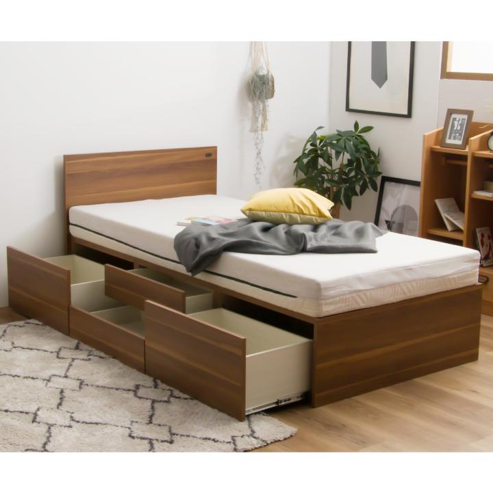 シングルベット　モダン　棚・コンセント付き収納ベッド KaguBuy フーライ 棚付き シングルベッド 収納付き コンセント