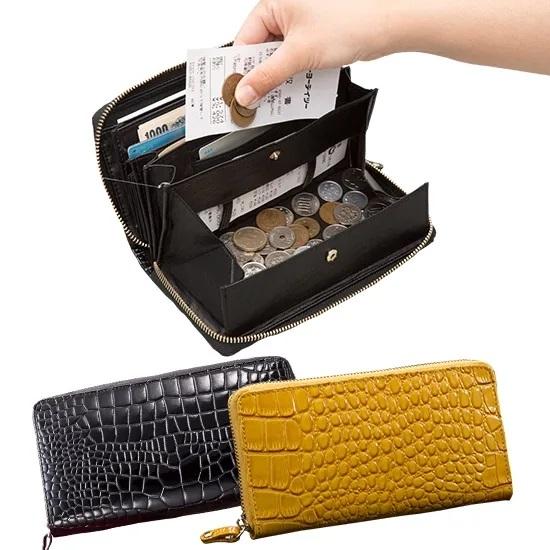 残り4個 牛革クロコ型押し コインスルー財布 イエロー お支払い 