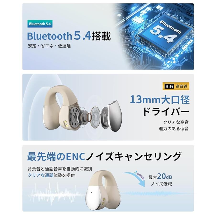 TECHEZ イヤーカフ型 完全ワイヤレスイヤホン Bluetooth5.4 IPX4防水 ENCノイズキャンセリング 耳掛け 迫力ある音楽 低遅延ゲーミングモード搭載 ノイキャン｜eclogic｜03