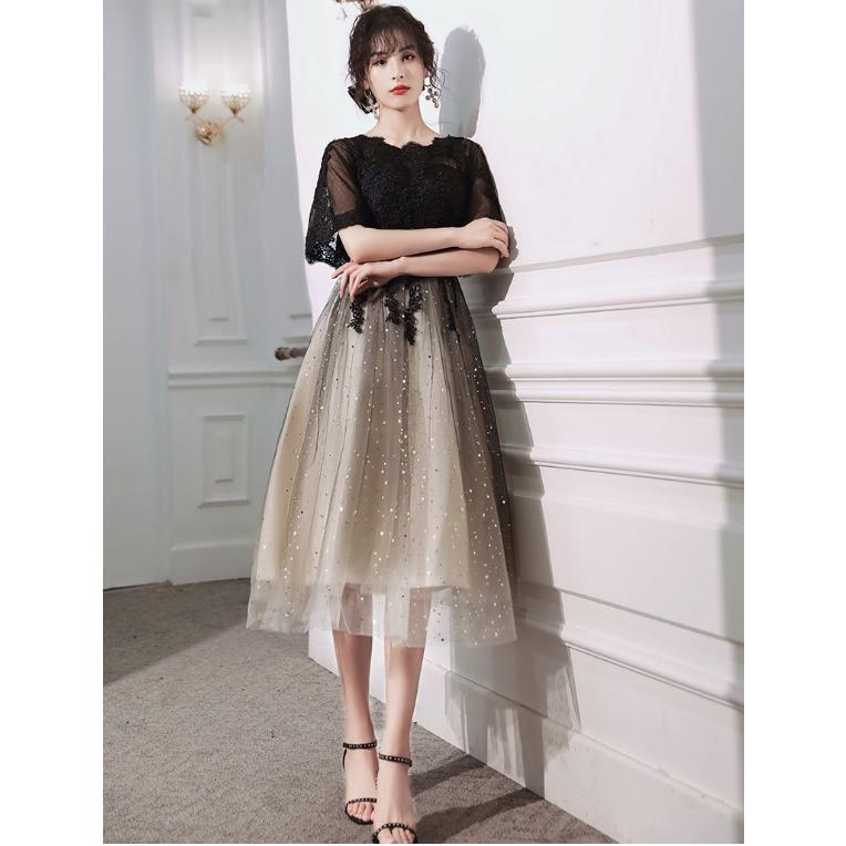 ドレス 大人 ピアノ 発表会 中学生 高校生 パーティー 韓国 結婚式 ワンピース 演奏会 黒 ロング丈 ミモレ丈 袖あり マキシ丈 膝丈 レディース フォーマル 、 | ブランド登録なし | 01