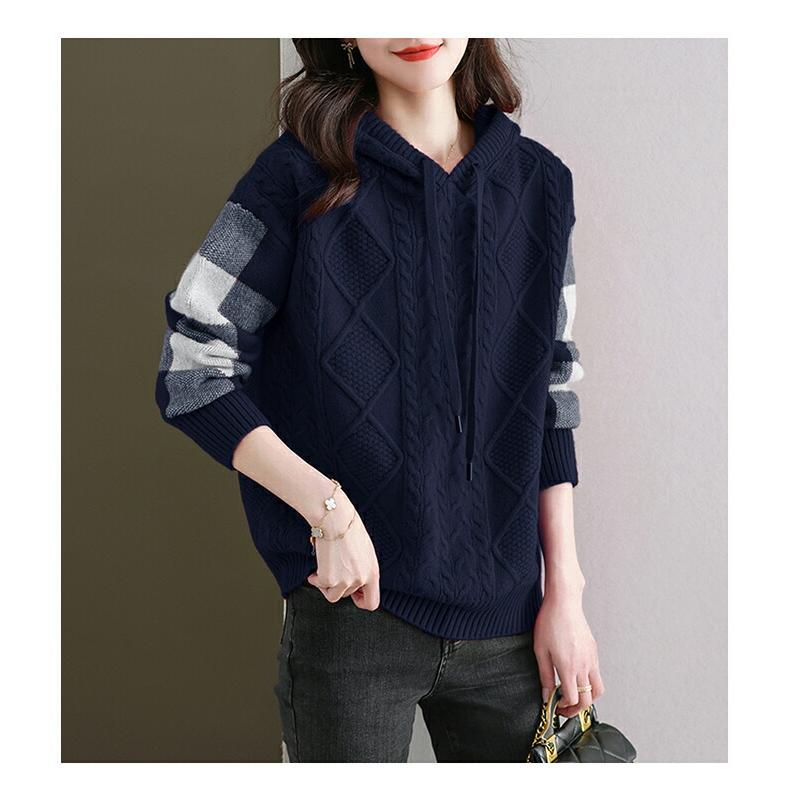 ケーブル編みボーダー袖フード付きニット レディース パーカー