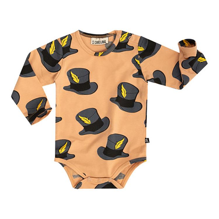 CarlijnQ カーラインク Mr. hat ボディスーツ ロンパース baby ベビー KIDS キッズ 子供 かわいい 帽子柄 長袖 海外ブランド オランダ ヨーロッパ オレンジ お
