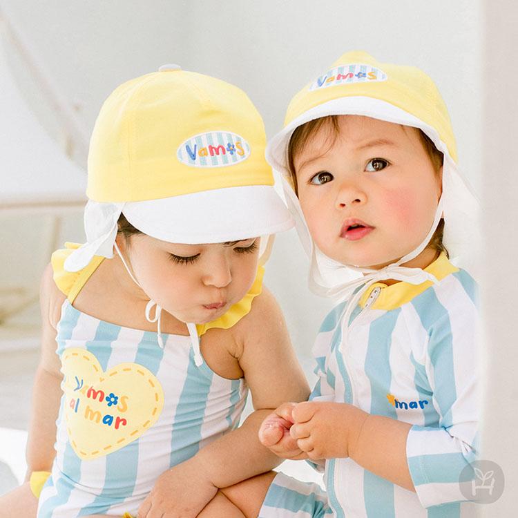 スイムキャップ つば付き 日よけ付き 紫外線対策 UV CUT UPF50+  帽子 水色 イエロー ベビー baby KIDS キッズ 子供服  お出かけ 1歳 2歳　48cm 50cm 夏 レジャ｜eco-styles-honey｜02