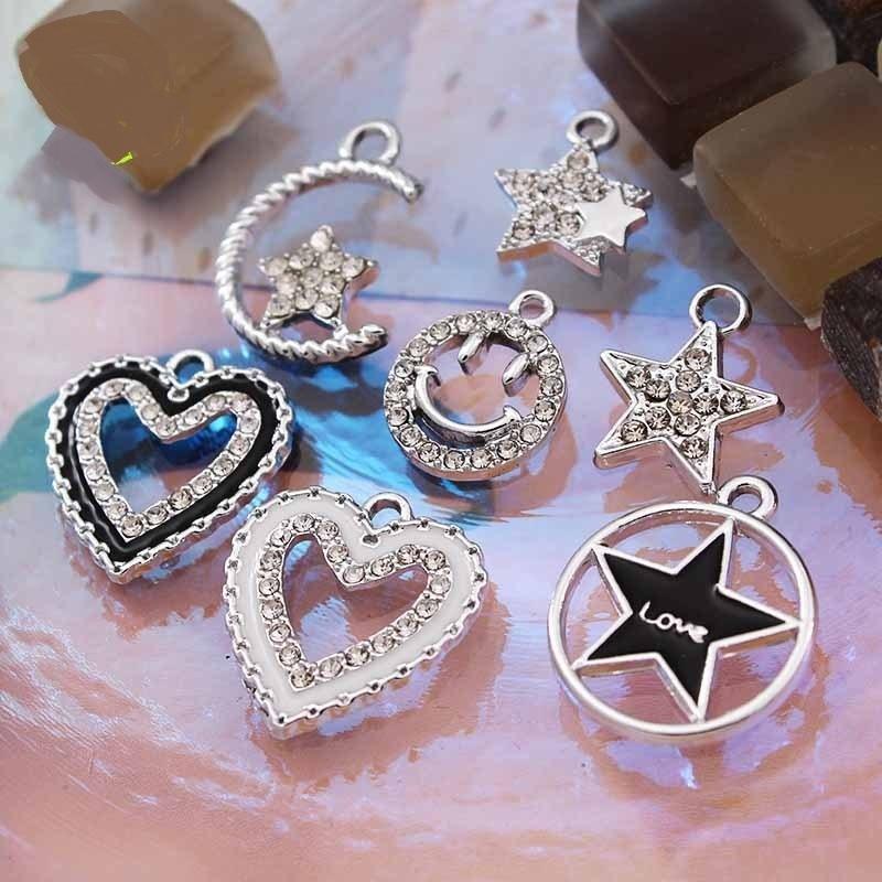 2ケ 丸円 ハート 星 ラインストーン イニシャル チャーム パーツ 金具 