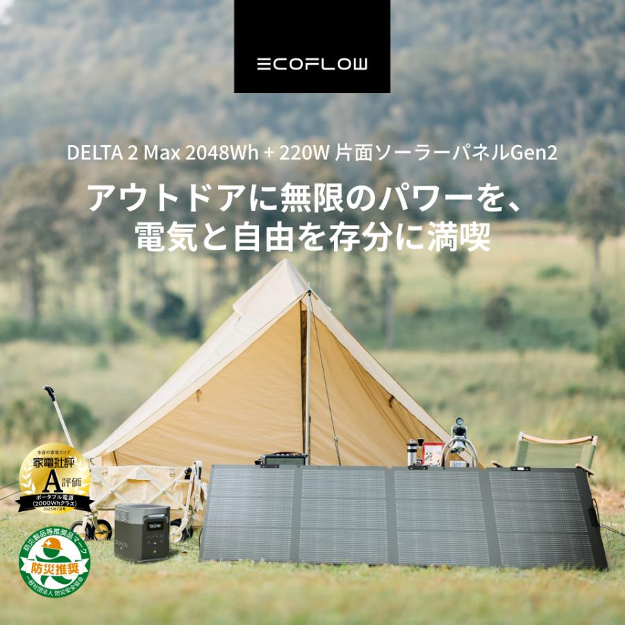 エコフローデルタ2 220W片面ソーラーパネルGen2セット ECOFLOW 防災グッズ ポータブル電源 ソーラーパネル セット 大