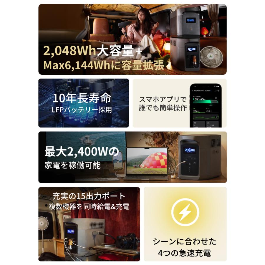 ECOFLOW ポータブル電源 大容量 DELTA 2 Max S 2048Wh + 220Wソーラー