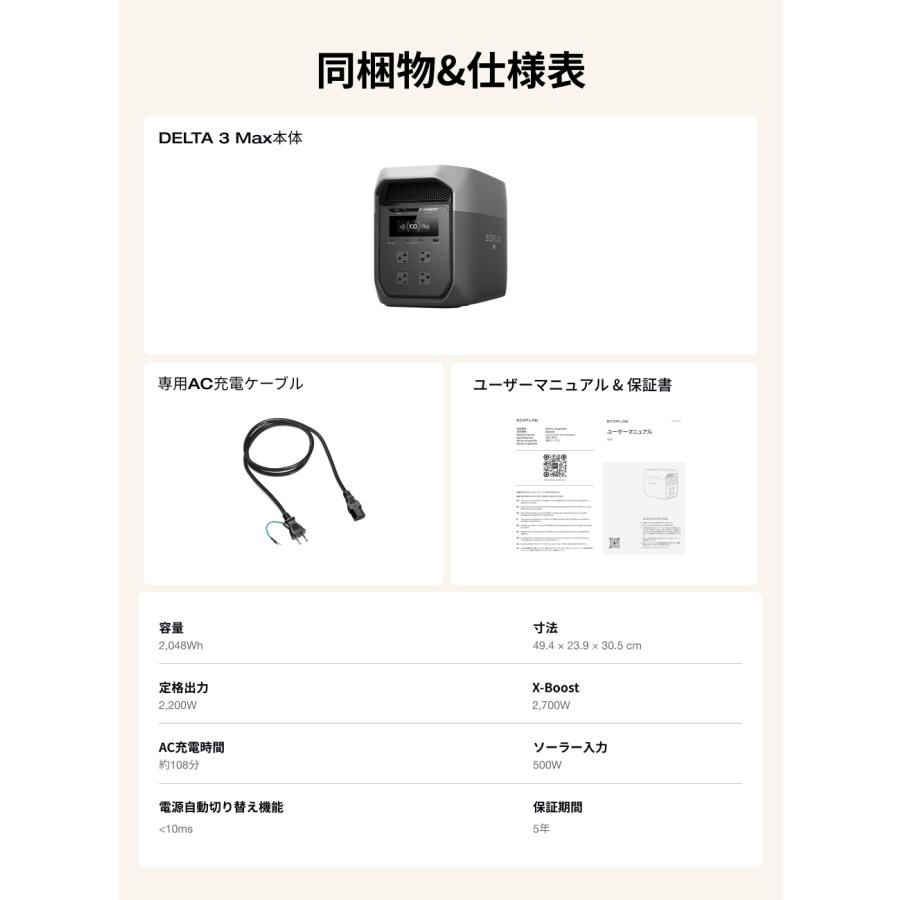 ECOFLOW 防災グッズ ポータブル電源 大容量 DELTA 3 Max+160W軽量両面