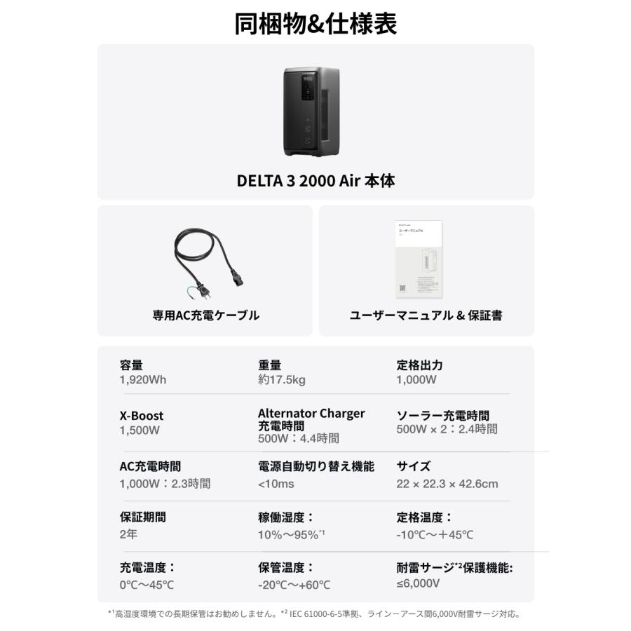 新製品 EcoFlow ポータブル電源 大容量 DELTA 3 2000 Air 1920Wh + 160W 軽量両面ソーラーパネル セット 太陽光発電 家庭用 蓄電池 発電機 防災 停電 エコフローの画像