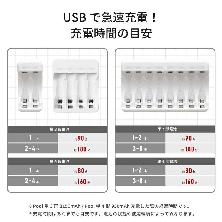 充電池 充電器 USB TypeC 急速充電器 単3形 単4形 兼用 最大4本同時