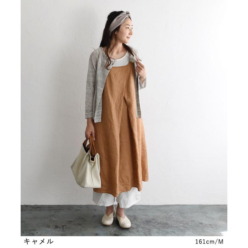 リネン100％ 前重ねキャミワンピース M〜3L レディース 麻100 春 夏