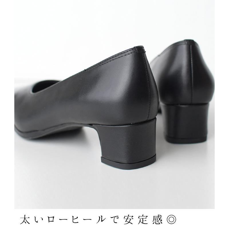 パンプス ローヒール 4cm 靴 太ヒール 幅広 甲高 ブラック