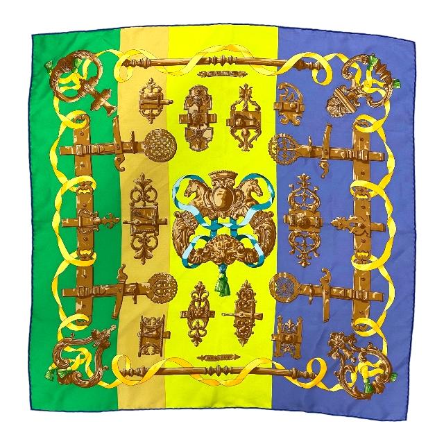 HERMES エルメス カレ65 スカーフ シルク100% グリーン イエロー