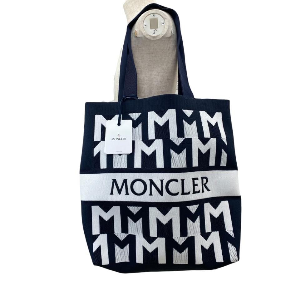 モンクレール モノグラム ニットトートバッグ ネイビー×ホワイト タグ付き MONCLER（モンクレール） 未使用美品 モノグラム トートバッグ ビック