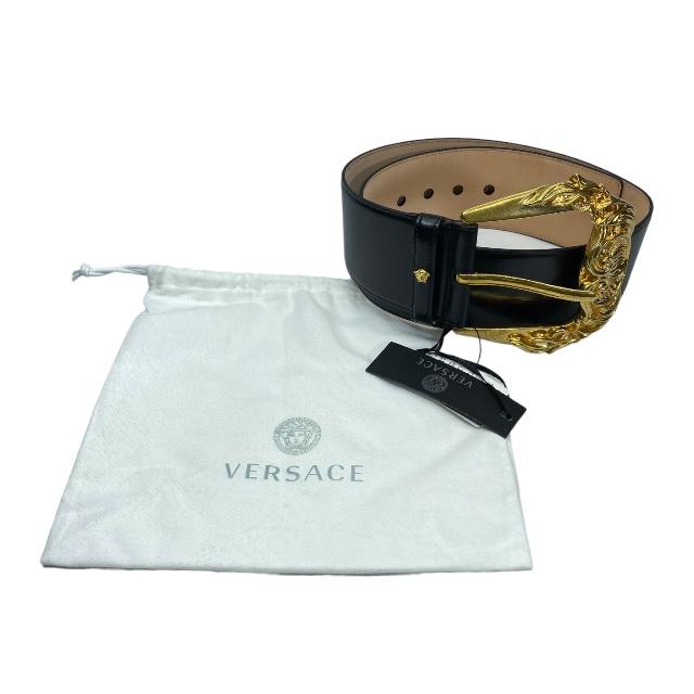 Versace ゴールドレザー ベルト VERSACE Belt Logo Stone Beige Leather Women's Gold Stylish