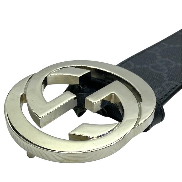 【美品】GUCCI　インターロッキング インプリメ　シマ　GG柄　ベルト　レザー インターロッキングG ディテール付き ベルト ・ブラック レザー