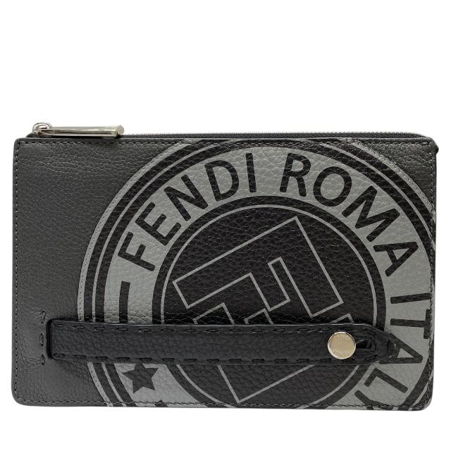 【美品】FENDI フェンディ 7VA350 ロゴ スタンプ クラッチバッグ セカンドバッグ ポーチ レザー ブラック グレー シルバー金具 | FENDI