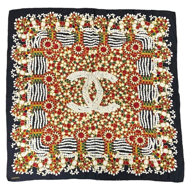 CHANEL シャネル ココマーク チェック柄 スカーフ アイボリー 約90cm CHANEL シャネル ココマーク チェック柄 スカーフ アイボリー 約90cm