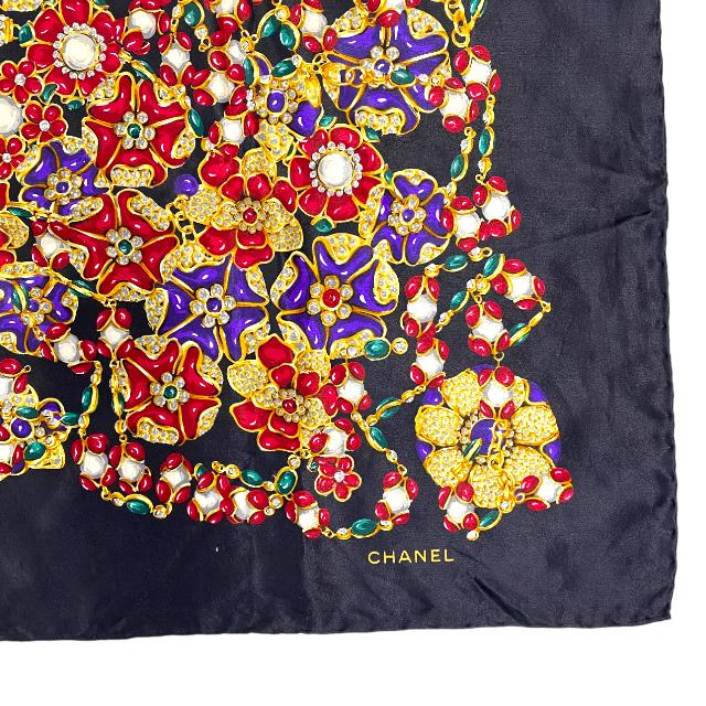 CHANEL シャネル スカーフ ジュエリー柄 宝石柄 ロゴ シルク ブラック  