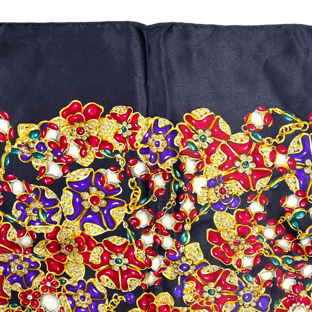 CHANEL シャネル スカーフ ジュエリー柄 宝石柄 ロゴ シルク ブラック  