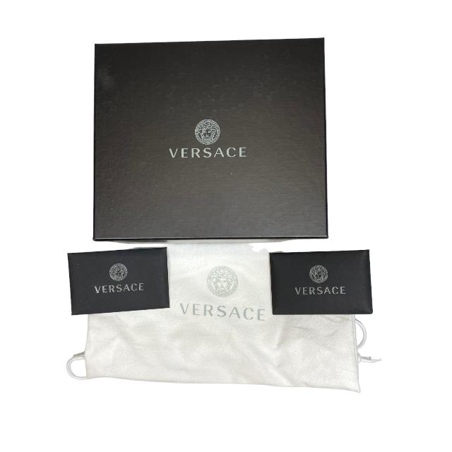 【未使用】VERSACE ヴェルサーチ ポーチ 小物入れ ラ グレカ サークルポーチ ミニポーチ 総柄 ロゴ レザー イエロー｜econext｜07