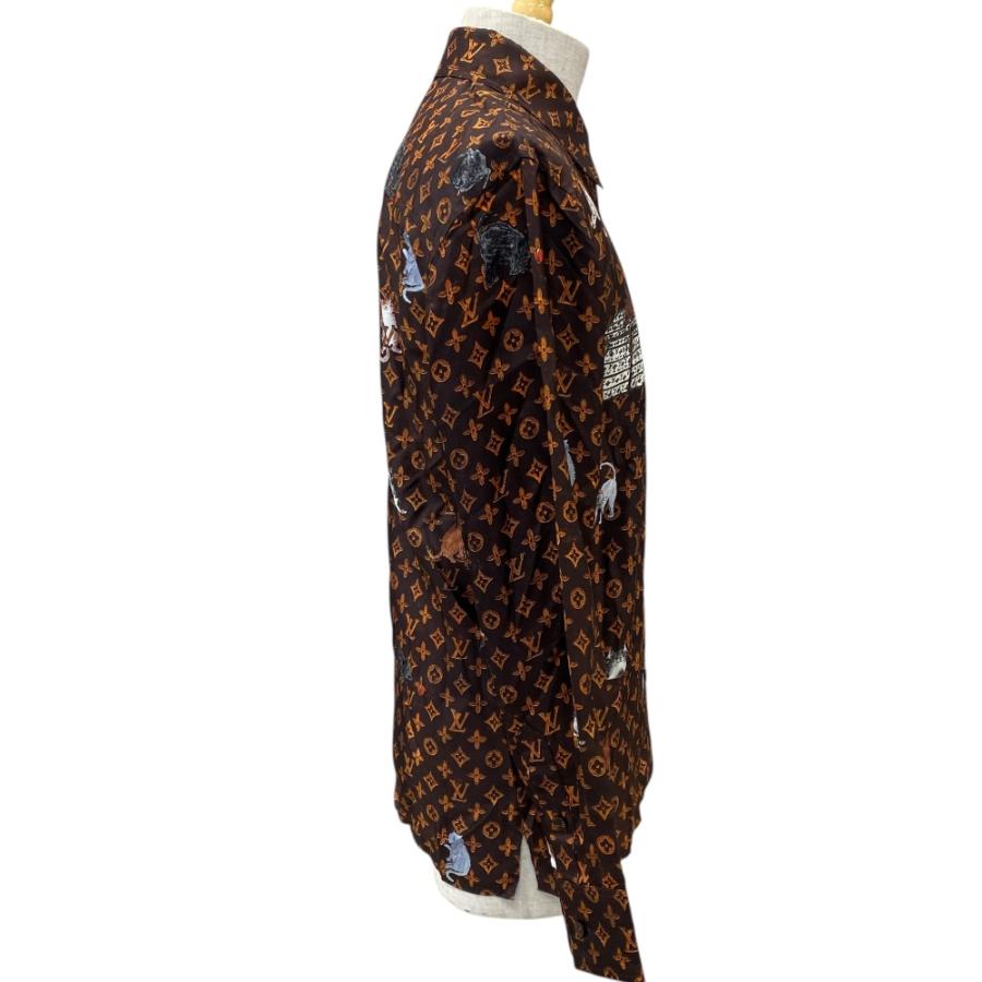 ルイヴィトン 長袖シャツ レア　キャットグラム　長袖シャツ　シルク　ブラウン系　34　モノグラム　RW191A LOUIS VUITTON - ルイヴィトン 長袖シャツ レア キャットグラム 長袖