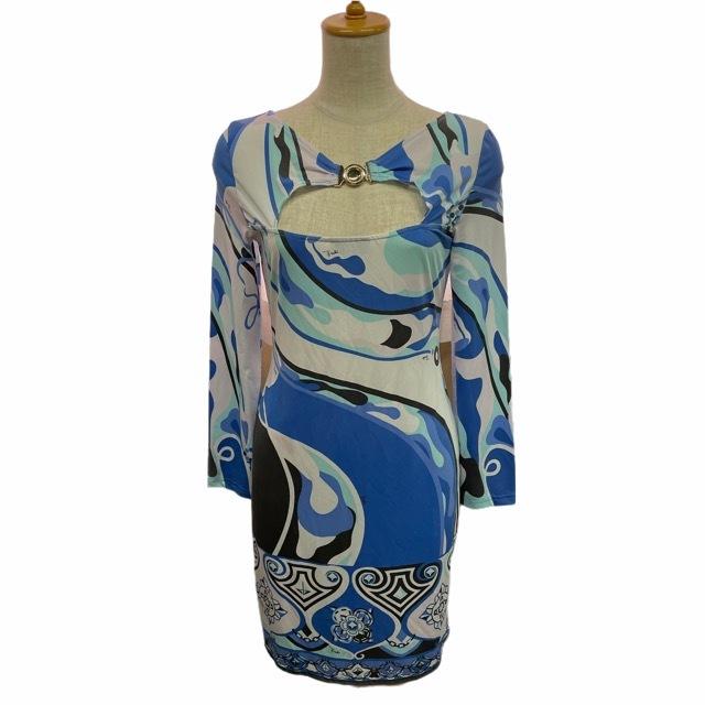 現金特価 Emilio Pucci エミリオプッチ ワンピース ドレス ひざ丈 総柄 マルチカラー ブルー ホワイト レディース シルク サイズ 36 超歓迎 V18 Lt