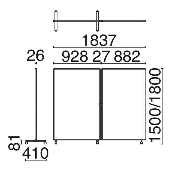 ローパーティション　衝立　SY-2スクリーン　2連　クロスタイプ　キャスタータイプ　高さ1500×幅1837mm SY2-1815C_2