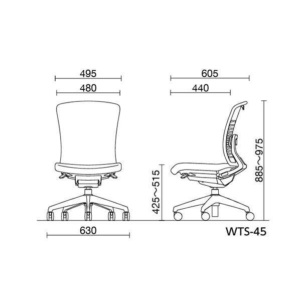 ノーリツイス オフィスチェア W.I.Tチェア 背パッド付タイプ 肘無 樹脂脚 布張 WTS-45の画像