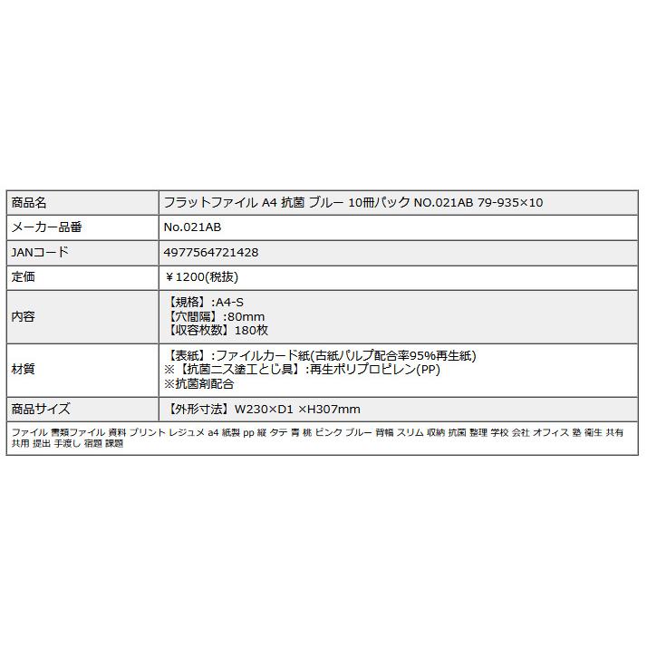 フラットファイル A4 抗菌 ブルー 10冊パック NO.021AB 79-935×10 | PLUS | 08