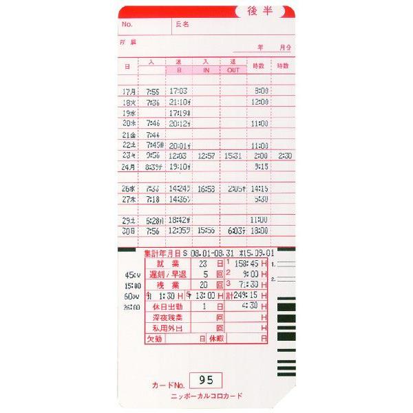 ニッポー＜NIPPO＞　集計印字対応タイムカード　カルコロカード「後半用」 |  | 01
