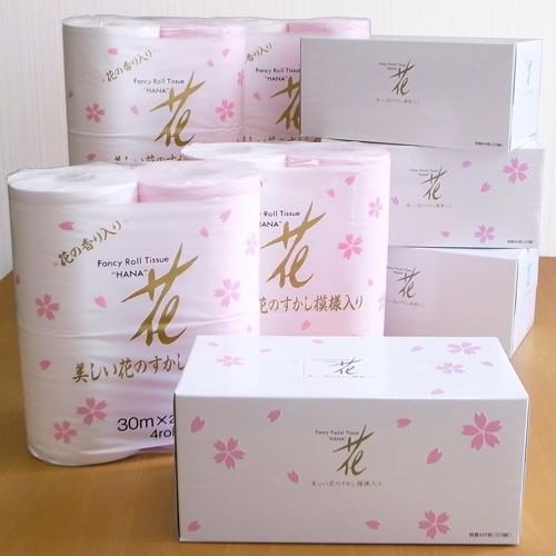 トイレットペーパー 花ゴールド 国産高級トイレットロール ボックスティッシュギフトセット ギフトセット ハヤシ商事 すかし模様入り | 